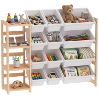 Qaba Toy Storage Organizer with 3 Shelves and 12 Bins, Montessori Kids Wooden Shelf for Playroom, Bedroom, Nursery, Natural(m-13)