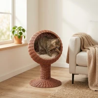 PawHut Elevated Cat Bed with Rotatable Egg Chair Pod, Cat Basket Bed with Thick Cushion, Natural Mat Grass Woven Kitty House, Brown(m-2)