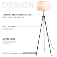 HOMCOM 59.75" Tripod Floor Lamp with Pull Chain Standing, Fabric Lampshade E26 Lamp Holder Steel for Living Room, Bedroom, Office, Black(m-4)