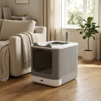 PawHut Cat Litter Box with Lid, Enclosed Litter Box for Medium Cats, Front-Entry and Top-Exit, Scoop, Deodorizer Bag, White(m-8)