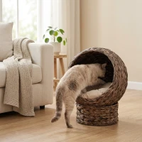 PawHut Handwoven Elevated Cat Bed with Soft Cushion & Egg Chair Shape, Basket Bed Kitty House with Stand, Raised Wicker House for Indoor Cats, 20" H, Gray(m-9)