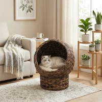 PawHut Handwoven Elevated Cat Bed with Rotating Basket and Soft Cushion, Wicker Cat Egg Chair with Stand, Brown(m-14)