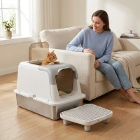 PawHut Extra Large Stainless Steel Litter Box, Enclosed Cat Litter Box with Scoop, Deodorizer Bag, Sand Drop Pedal(m-11)