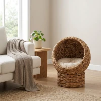 PawHut 20" Natural Braided Banana Leaf Elevated Cat Bed Basket with Cushion - Brown(m-9)