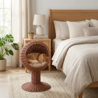 PawHut Elevated Cat Bed with Rotatable Egg Chair Pod, Cat Basket Bed with Thick Cushion, Natural Mat Grass Woven Kitty House, Brown(m-10)
