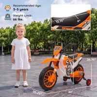 Aosom 12V Kids Motorcycle with Dual Motors, Training Wheels, Rear Suspension, Soft Start, Max Speed 5 MPH, Ages 3-6, Orange(m-3)