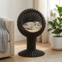 PawHut Elevated Cat Bed with Rotatable Egg Chair Pod, Cat Basket Bed with Thick Cushion, Natural Mat Grass Woven Kitty House, Coffee(m-2)