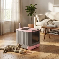 PawHut Cat Litter Box with Lid, Enclosed Litter Box for Medium Cats, Front-Entry and Top-Exit, Scoop, Deodorizer Bag, Pink(m-10)