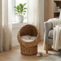 PawHut 20" Natural Braided Banana Leaf Elevated Cat Bed Basket with Cushion - Brown(m-10)
