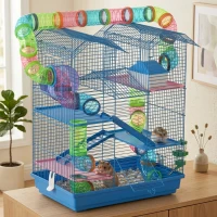 PawHut 18.5" 5 Tier Hamster Cage with Tubes and Tunnels, Small Animal Cage, Rat Gerbil Cage with Water Bottle, Food Dish, Exercise Wheel, Blue(m-2)