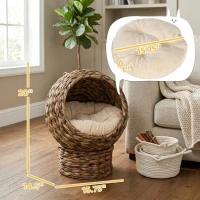 PawHut Handwoven Elevated Cat Bed with Soft Cushion & Egg Chair Shape, Basket Bed Kitty House with Stand, Raised Wicker House for Indoor Cats, 20" H, Gray(m-3)