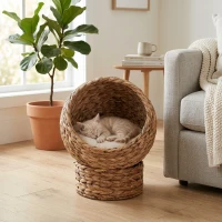 PawHut 20" Natural Braided Banana Leaf Elevated Cat Bed Basket with Cushion - Brown(m-2)