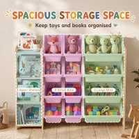 Qaba Toy Storage Organizer with 3 Shelves and 12 Bins, Montessori Kids Wooden Shelf for Playroom, Bedroom, Nursery, Natural(m-4)