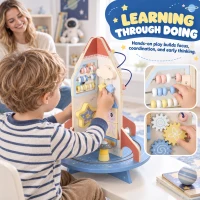 Qaba Wooden Activity Cube, Rocket Theme Educational Toys with Shape Sorter & Bead Maze for Toddlers 24M-6Y Fine Motor Skill(m-6)