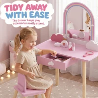 Qaba Kids Vanity Set, Makeup Vanity Table with Mirror, Stool, Drawer, 7-Piece Accessories, Cloud-Design for Girls 3-6 Y, Pink(m-7)