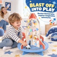Qaba Wooden Activity Cube, Rocket Theme Educational Toys with Shape Sorter & Bead Maze for Toddlers 24M-6Y Fine Motor Skill(m-4)