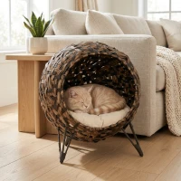 PawHut 20.5" Weaved Cat Bed, Elevated Hand-woven Braided Banana Leaf Kitten House Condo with Cushion, Brown(m-12)
