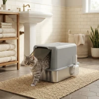 PawHut 2 in 1 Stainless Steel Cat Litter Box with Removable Lid, Scoop, Filter Bags, for Small to Large Cats, Gray(m-12)