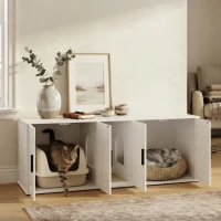 PawHut Cat Litter Box Enclosure with Double Room, Scratching Mat for 2 Cats, 57" x 19" x 20", White(m-4)