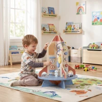 Qaba Wooden Activity Cube, Rocket Theme Educational Toys with Shape Sorter & Bead Maze for Toddlers 24M-6Y Fine Motor Skill(m-1)