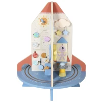 Qaba Wooden Activity Cube, Rocket Theme Educational Toys with Shape Sorter & Bead Maze for Toddlers 24M-6Y Fine Motor Skill(m-2)