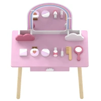 Qaba Kids Vanity Set, Makeup Vanity Table with Mirror, Stool, Drawer, 7-Piece Accessories, Cloud-Design for Girls 3-6 Y, Pink(m-9)