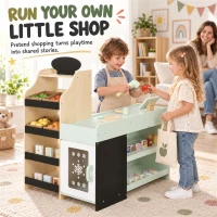 Qaba Kids Grocery Store Playset, Wooden Play Store with Play Food, Cash Register, Chalkboard, 44 Accessories for Ages 3-6(m-4)