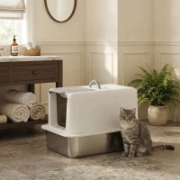 PawHut 2 in 1 Stainless Steel Cat Litter Box with Removable Lid, Scoop, Filter Bags, for Small to Large Cats, White(m-9)