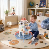 Qaba Wooden Activity Cube, Rocket Theme Educational Toys with Shape Sorter & Bead Maze for Toddlers 24M-6Y Fine Motor Skill(m-8)