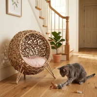 PawHut 20.5" Weaved Cat Bed, Elevated Hand-woven Braided Banana Leaf Kitten House Condo with Cushion, Beige(m-10)