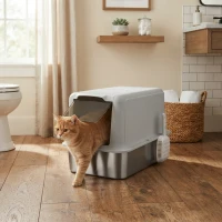 PawHut 2 in 1 Stainless Steel Cat Litter Box with Removable Lid, Scoop, Filter Bags, for Small to Large Cats, Gray(m-2)