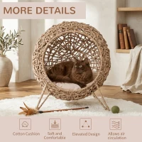 PawHut 20.5" Weaved Cat Bed, Elevated Hand-woven Braided Banana Leaf Kitten House Condo with Cushion, Beige(m-6)
