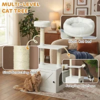 PawHut Cat Tree with Litter Box Enclosure, Scratching Posts, Bed, Climbing Platforms for Indoor Cats, White(m-7)