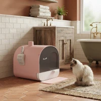 PawHut Cat Litter Box with Lid with Scoop and Filter, Pink(m-9)