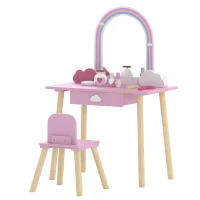 Qaba Kids Vanity Set, Makeup Vanity Table with Mirror, Stool, Drawer, 7-Piece Accessories, Cloud-Design for Girls 3-6 Y, Pink(m-2)