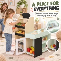 Qaba Kids Grocery Store Playset, Wooden Play Store with Play Food, Cash Register, Chalkboard, 44 Accessories for Ages 3-6(m-6)