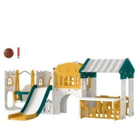 Qaba 11 in 1 Toddler Slide and Swing Set w/ Playhouse, Kids Slide Playset Indoor Playground for 1-4 Years, Yellow(m-1)