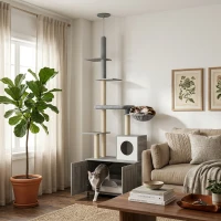 PawHut 2 in 1 Floor to Ceiling Cat Tree with Litter Box Enclosure, Condo, Bed, Hammock, Scratching Posts, and Platforms, Gray(m-10)
