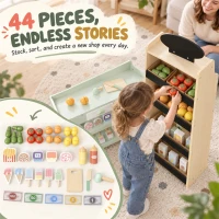 Qaba Kids Grocery Store Playset, Wooden Play Store with Play Food, Cash Register, Chalkboard, 44 Accessories for Ages 3-6(m-5)