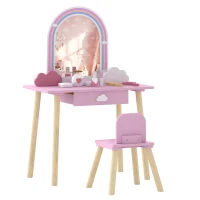 Qaba Kids Vanity Set, Makeup Vanity Table with Mirror, Stool, Drawer, 7-Piece Accessories, Cloud-Design for Girls 3-6 Y, Pink(m-13)
