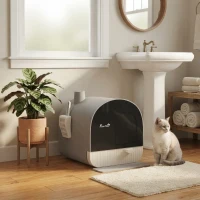 PawHut Cat Litter Box with Lid with Scoop and Filter, Light Gray(m-10)
