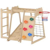 Qaba 7-in-1 Kids Montessori Jungle Gym with Reversible Slide, Basketball Hoop, Monkey Bars, Rock Wall, Climbing Net & Ladder(m-2)