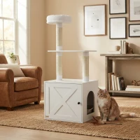 PawHut Cat Tree with Litter Box Enclosure, Scratching Posts, Bed, Climbing Platforms for Indoor Cats, White(m-11)