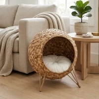 PawHut 20.5" Weaved Cat Bed, Elevated Hand-woven Braided Banana Leaf Kitten House Condo with Cushion, Natural(m-4)