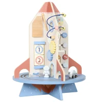 Qaba Wooden Activity Cube, Rocket Theme Educational Toys with Shape Sorter & Bead Maze for Toddlers 24M-6Y Fine Motor Skill(m-13)