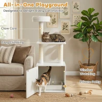PawHut Cat Tree with Litter Box Enclosure, Scratching Posts, Bed, Climbing Platforms for Indoor Cats, White(m-8)