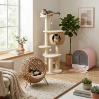 PawHut 20.5" Weaved Cat Bed, Elevated Hand-woven Braided Banana Leaf Kitten House Condo with Cushion, Beige(m-9)