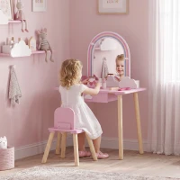 Qaba Kids Vanity Set, Makeup Vanity Table with Mirror, Stool, Drawer, 7-Piece Accessories, Cloud-Design for Girls 3-6 Y, Pink(m-8)