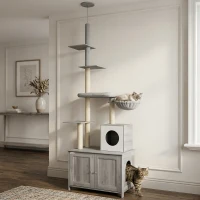 PawHut 2 in 1 Floor to Ceiling Cat Tree with Litter Box Enclosure, Condo, Bed, Hammock, Scratching Posts, and Platforms, Gray(m-2)