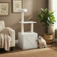 PawHut Cat Tree with Litter Box Enclosure, Scratching Posts, Bed, Climbing Platforms for Indoor Cats, White(m-3)